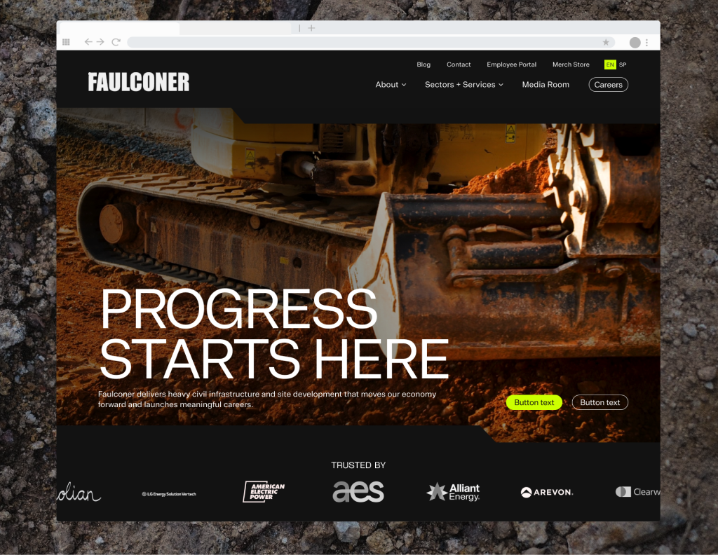 Mockup of the hero section of the Faulconer homepage hero on top of a textured dirt background image.