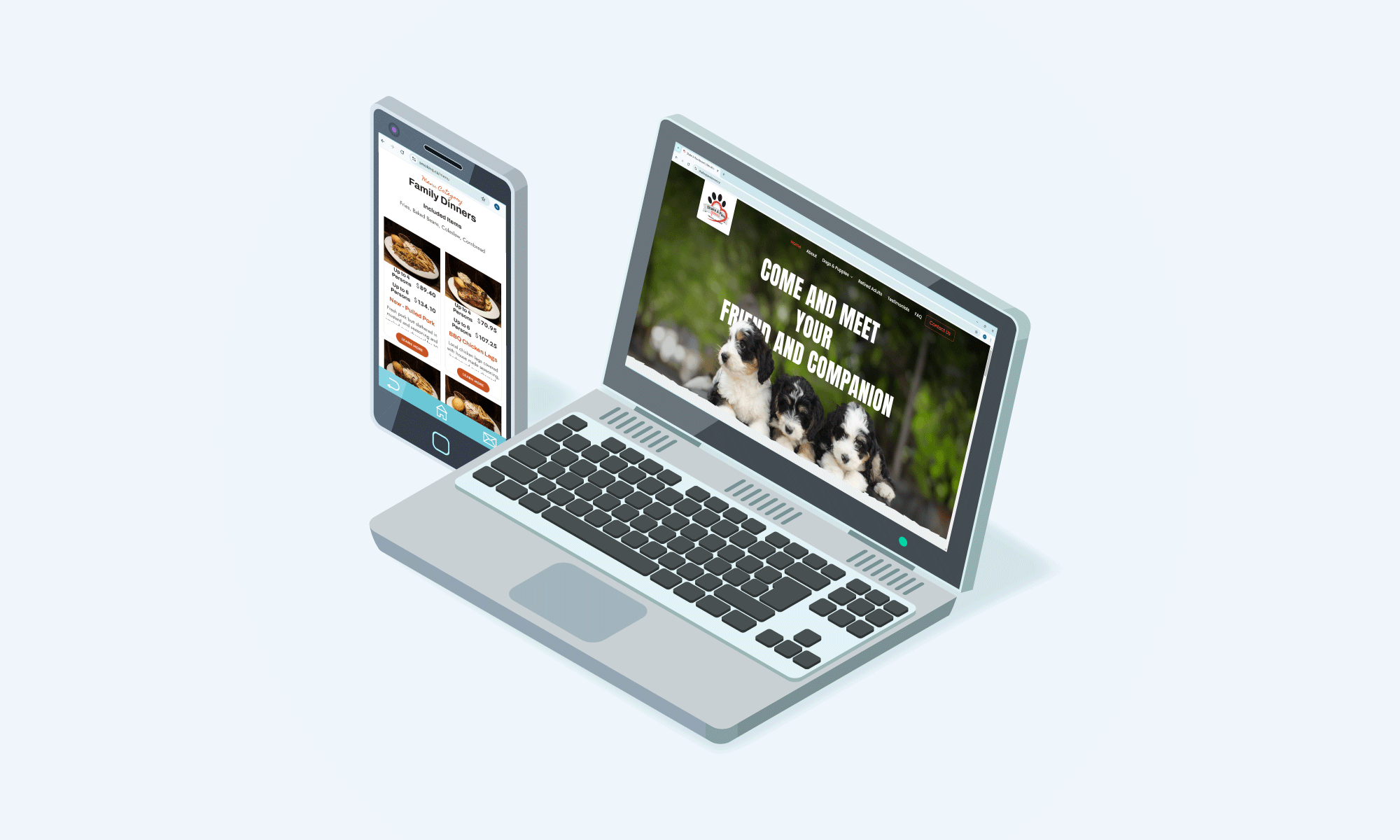 Laptop displaying text “COME AND MEET YOUR FRIEND AND COMPANION” with puppies, beside a smartphone showing a website with dinner options and pricing. Both devices on a light background.