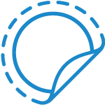 A blue circular sticker icon peels upwards at the edge, surrounded by a dashed line, suggesting removability, against a transparent background.