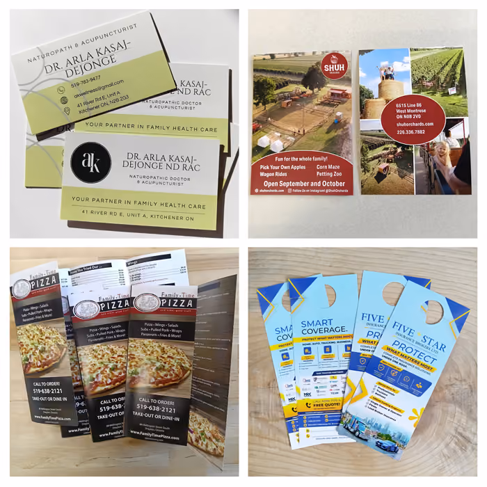 Photo collage of four photos: of business cards, postcards, brochures and door hangers