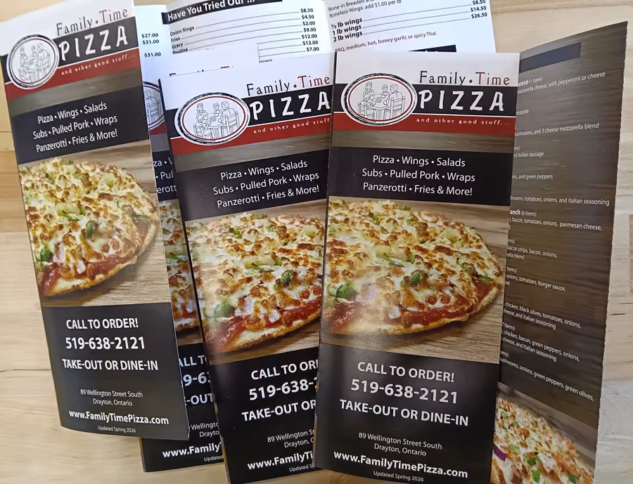 Photo of Family Time Pizza Menu - tri fold brochure printed on glossy text stock