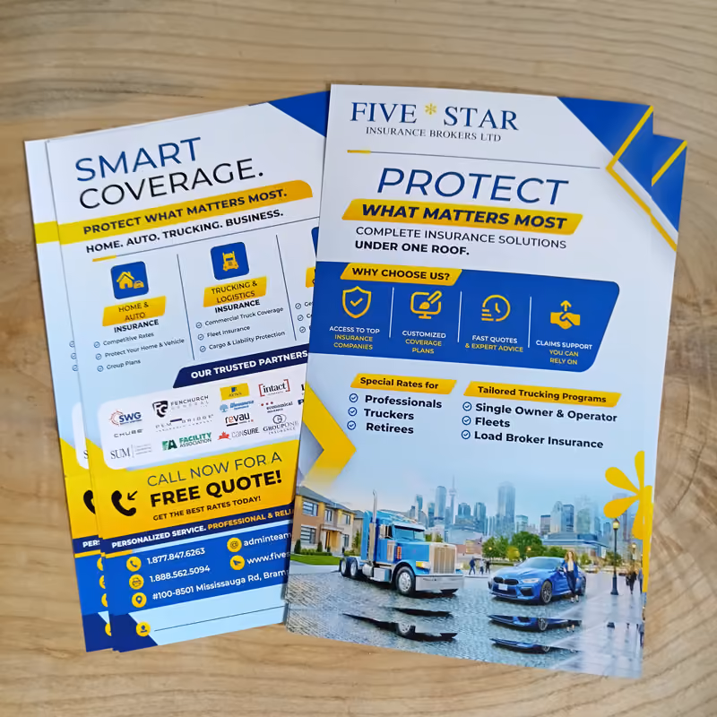 Photo of two-sided flyers with Five Star Insurance Brokers branding and description of services
