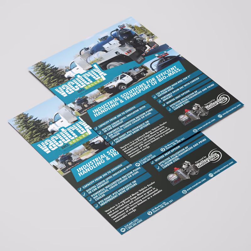 Image of two bright-colourd flyers with Vacutrux branding and information about industrial solutions