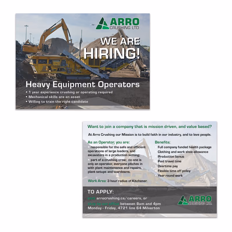 Photo of two sides of a postcard advertising hiring by Arro Crushing