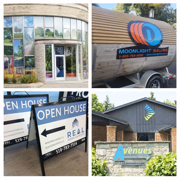 Collage of four different works: window graphics on Listowel Township Building, Custom Made Moonlight Sauna sign, Open House Portable Sign and Elmira District Wall Signs