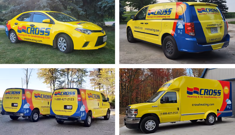 Photos of different vehicles in a fleet of Cross Heating with company's branding