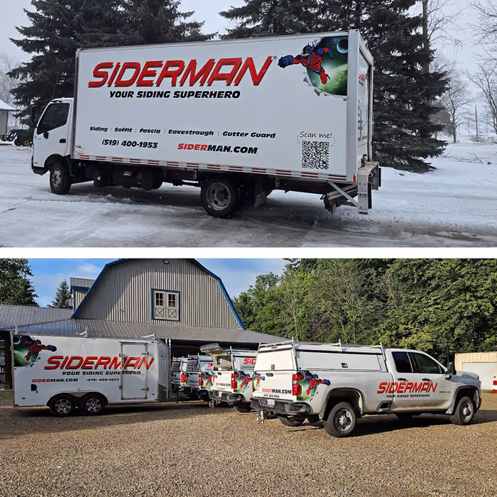 Two photos showing various Siderman vehicles with graphics