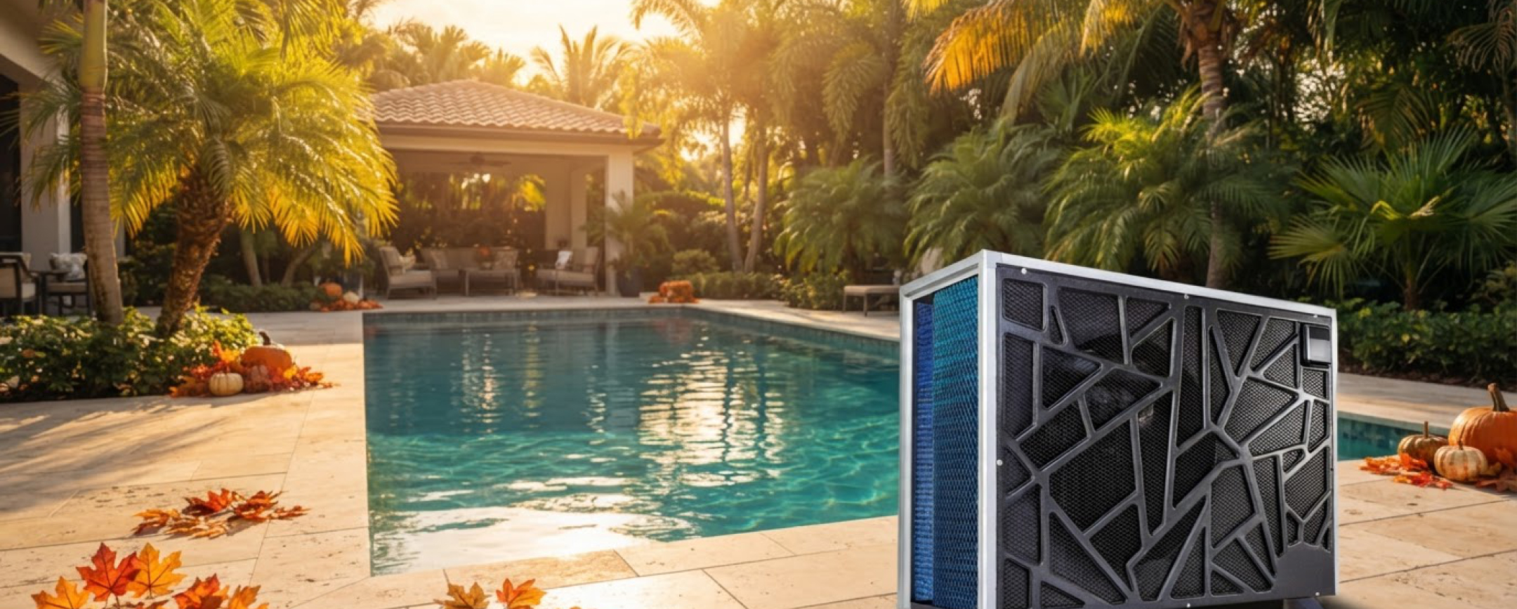 TropiCal heat pump beside a pool with autumn decor