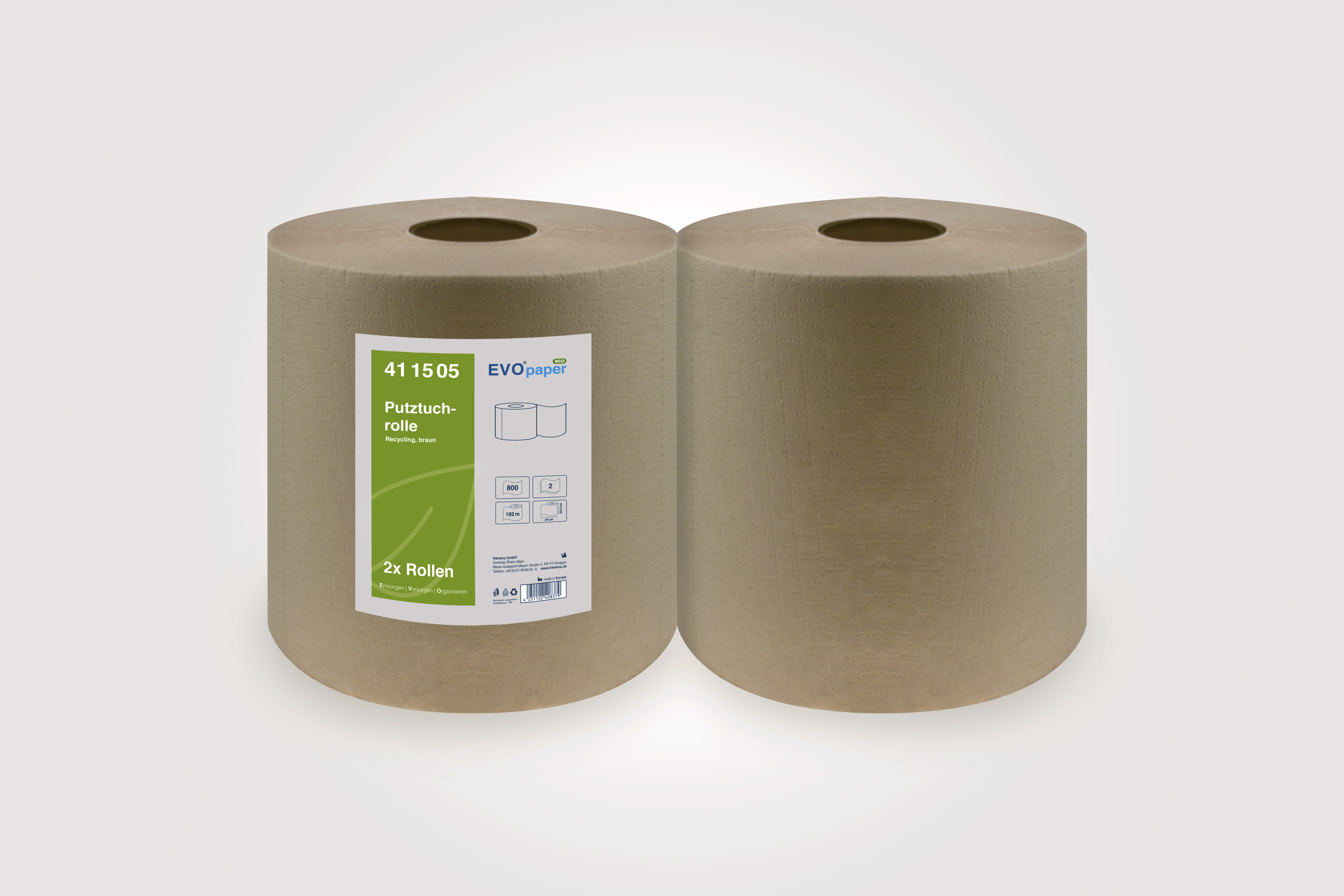 EVOpaper Eco Putztuchrolle, braun, 2-lg, 24 x 25,5 cm, 192 m, 800 Blatt, VE=2 Rollen