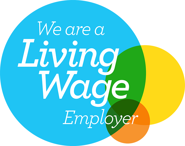 We are a Living Wage Employer text over overlapping blue, green, yellow, and orange circles.