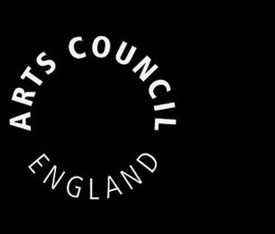 Arts Council England logo with white text curved in a circular shape on a black background.