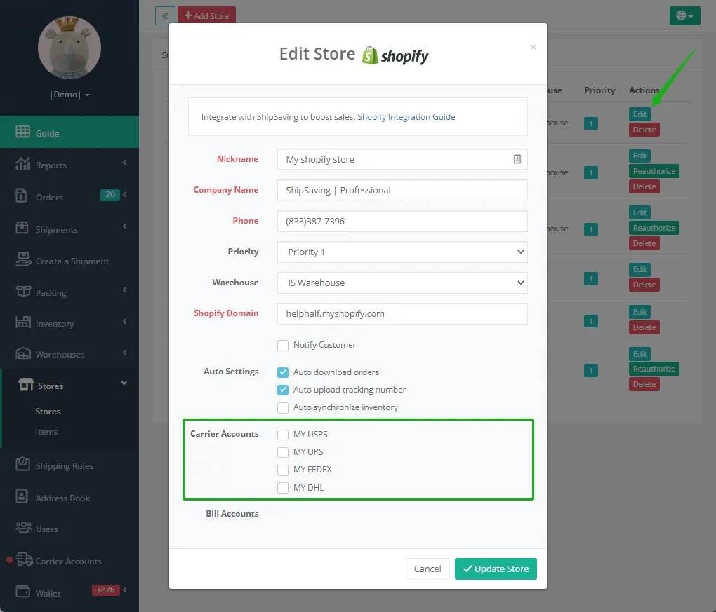 ShipSaving - carrier accounts