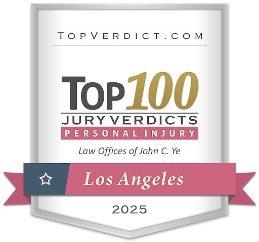 Top 100 jury verdicts badge for all practice areas awarded to Law Offices of John C. Ye in Los Angeles, 2023.
