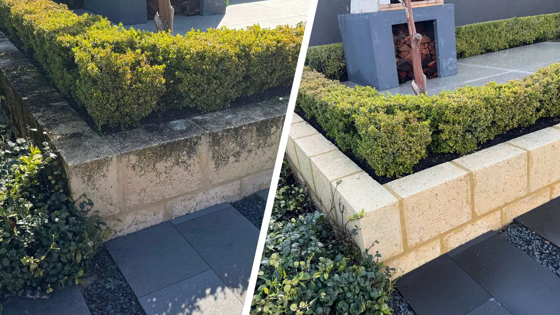 Limestone before and after soft washing in Bicton, Perth