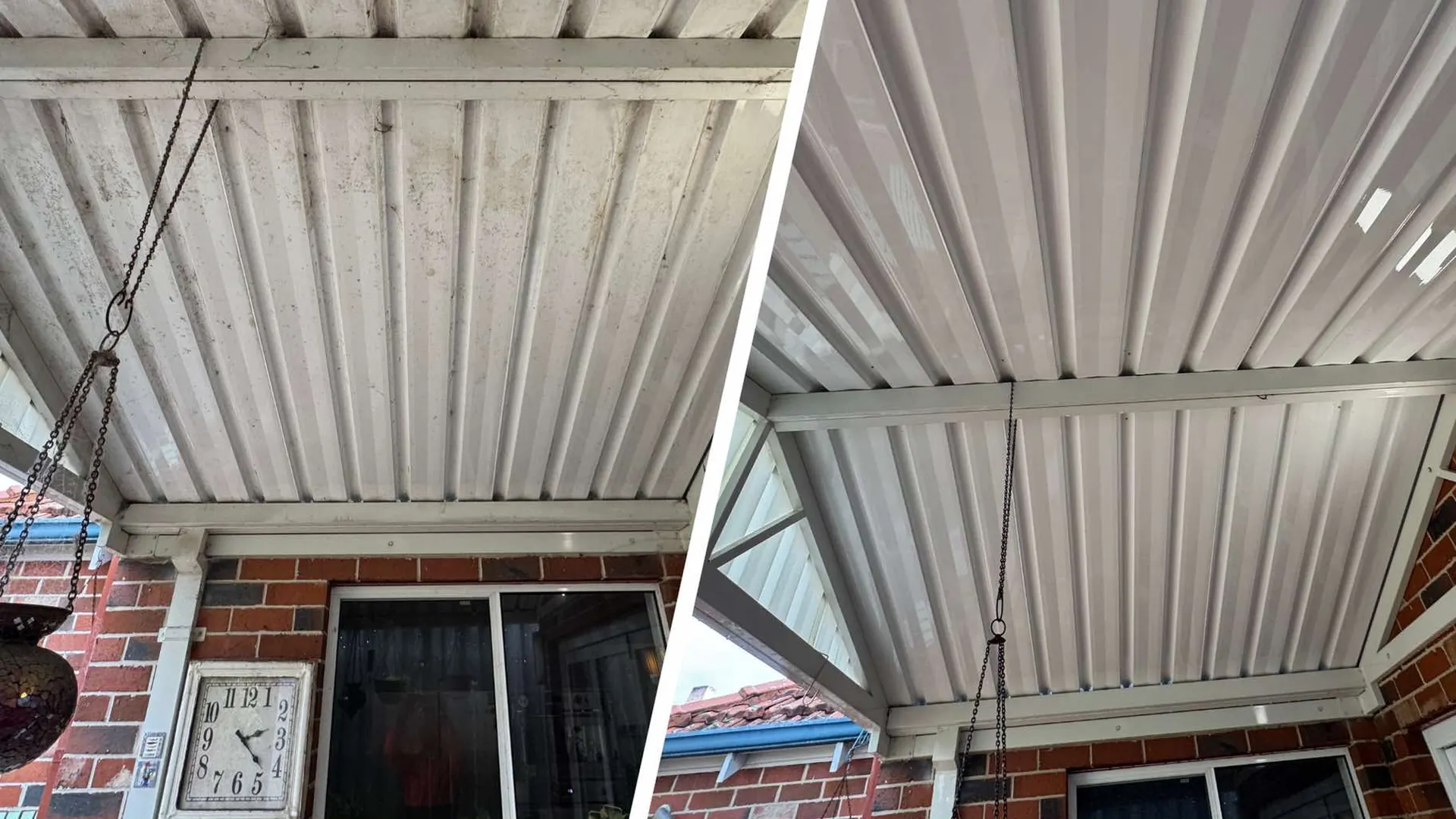 Colorbond patio roof before and after soft washing in Mt Lawley, Perth