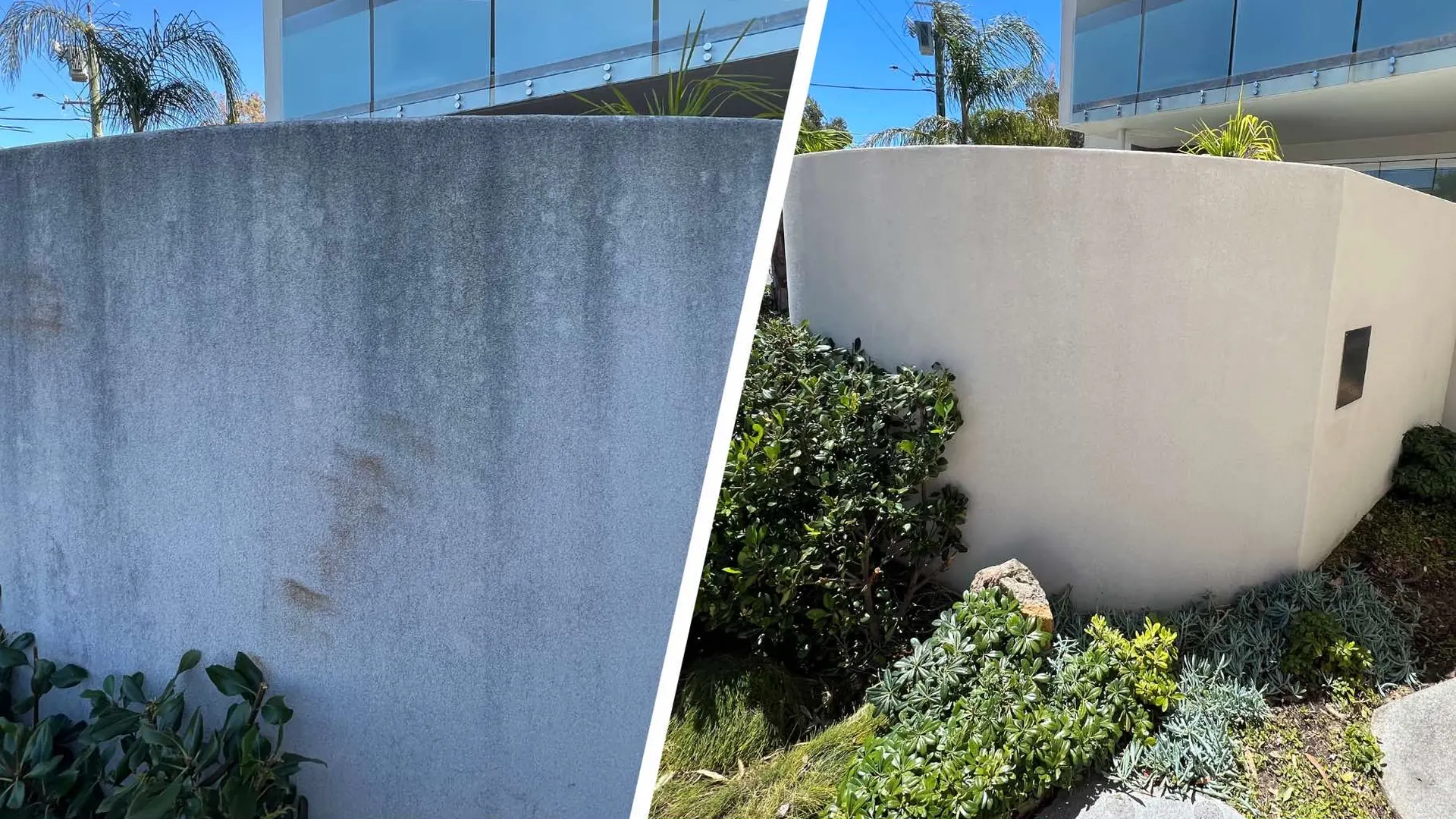 Rendered wall before and after soft washing in Cottesloe, Perth