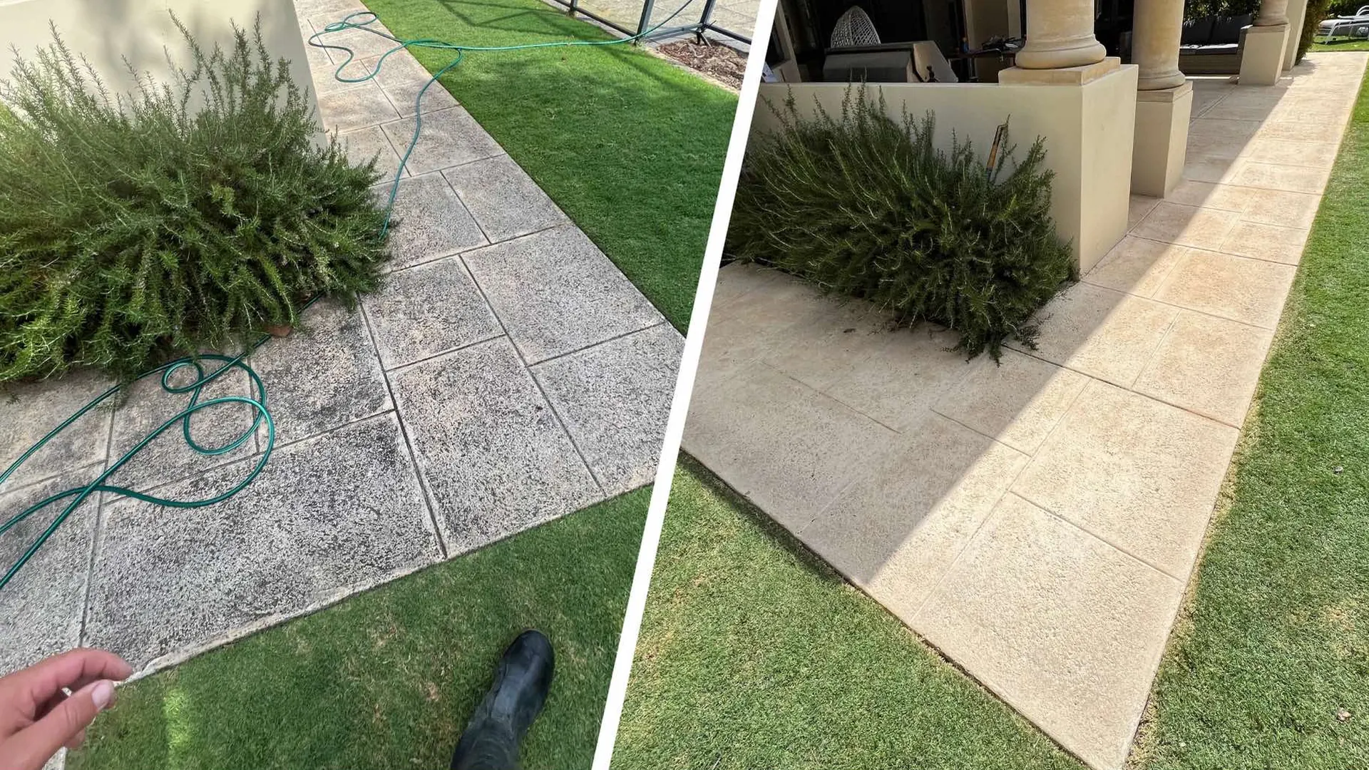 Liquid limestone pool surround before and after cleaning in City Beach, Perth