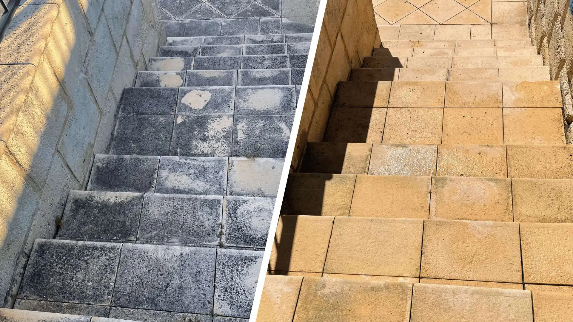 Limestone pavers before and after pressure cleaning in Perth
