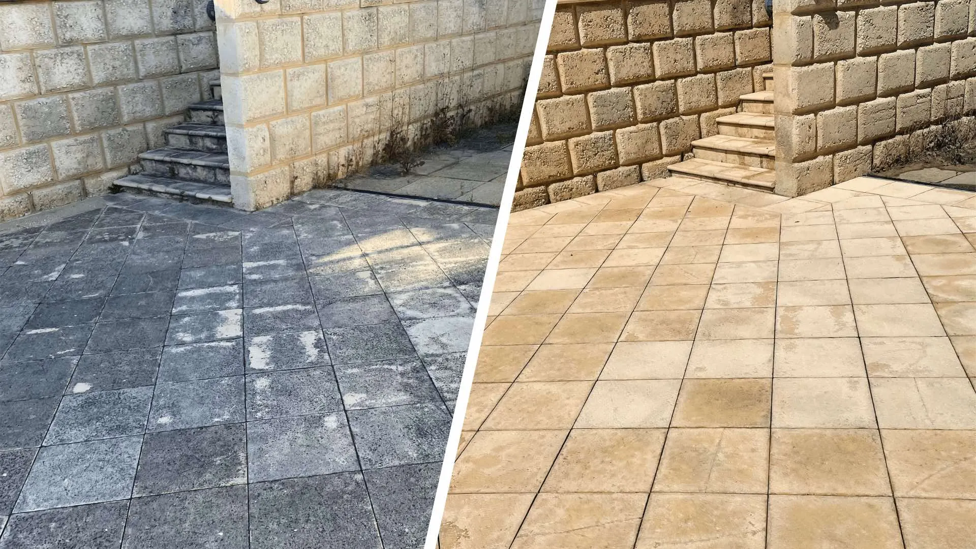 Limestone pavers before and after pressure cleaning in Perth