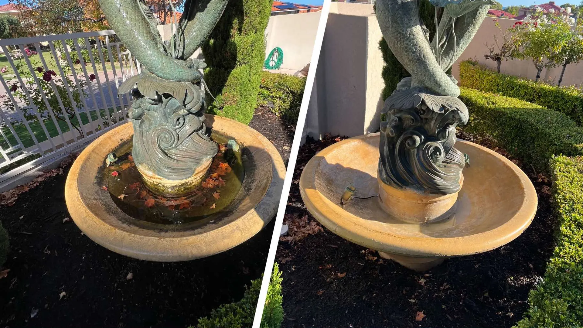 Garden pond and water feature before and after cleaning in Perth