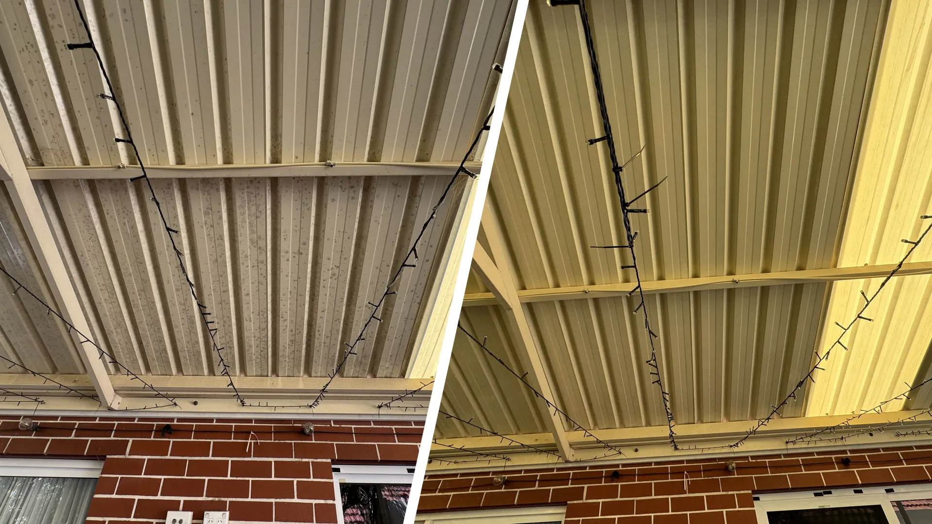 Colorbond patio roof before and after soft washing in Landsdale, Perth
