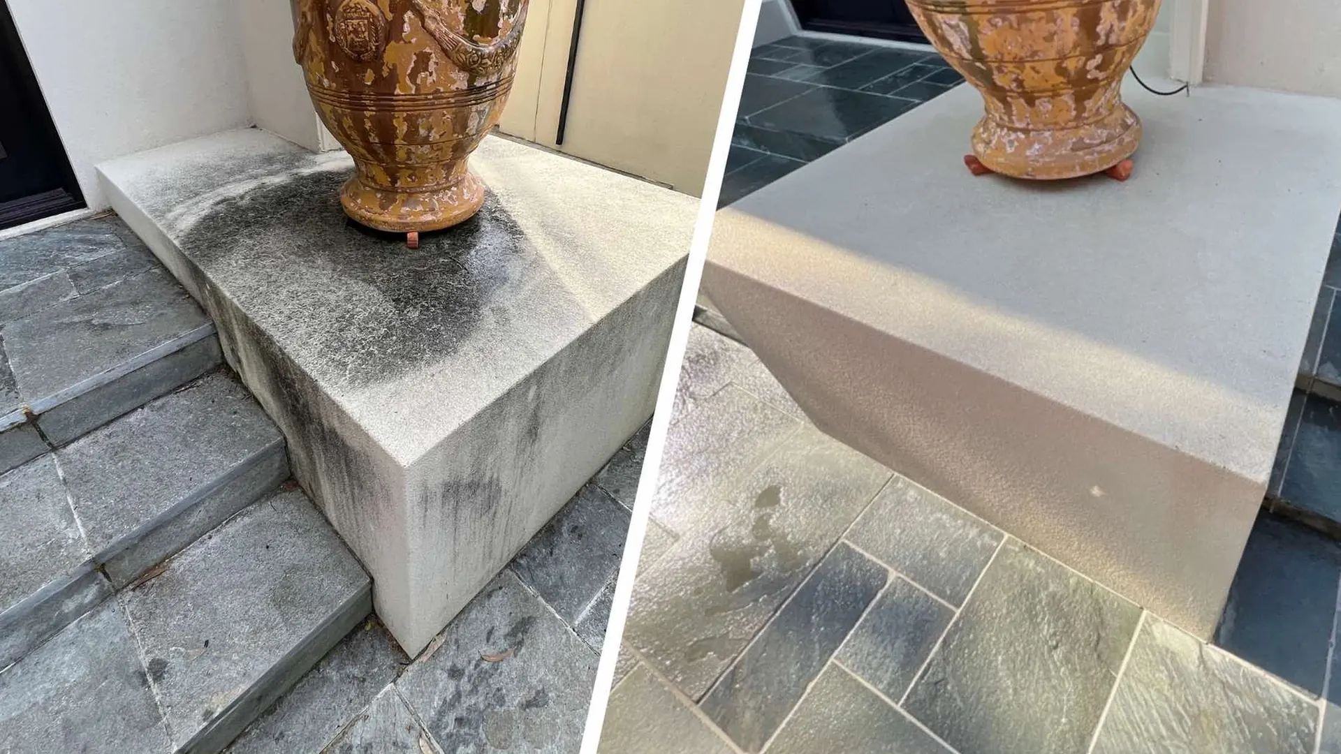 Rendered wall before and after soft washing in Cottesloe, Perth