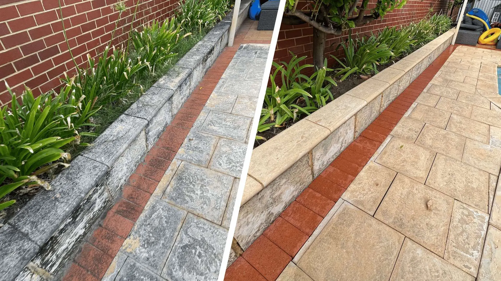 Limestone pavers and limestone wall before and after cleaning in Perth