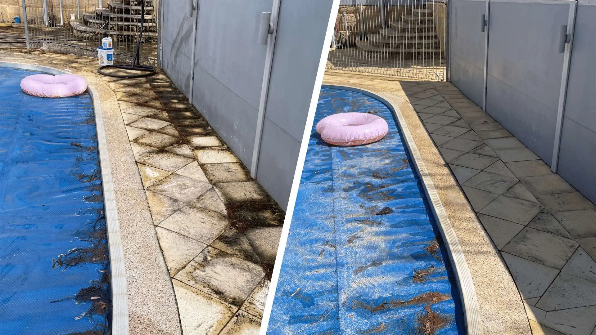 Limestone pavers before and after pressure cleaning in Perth