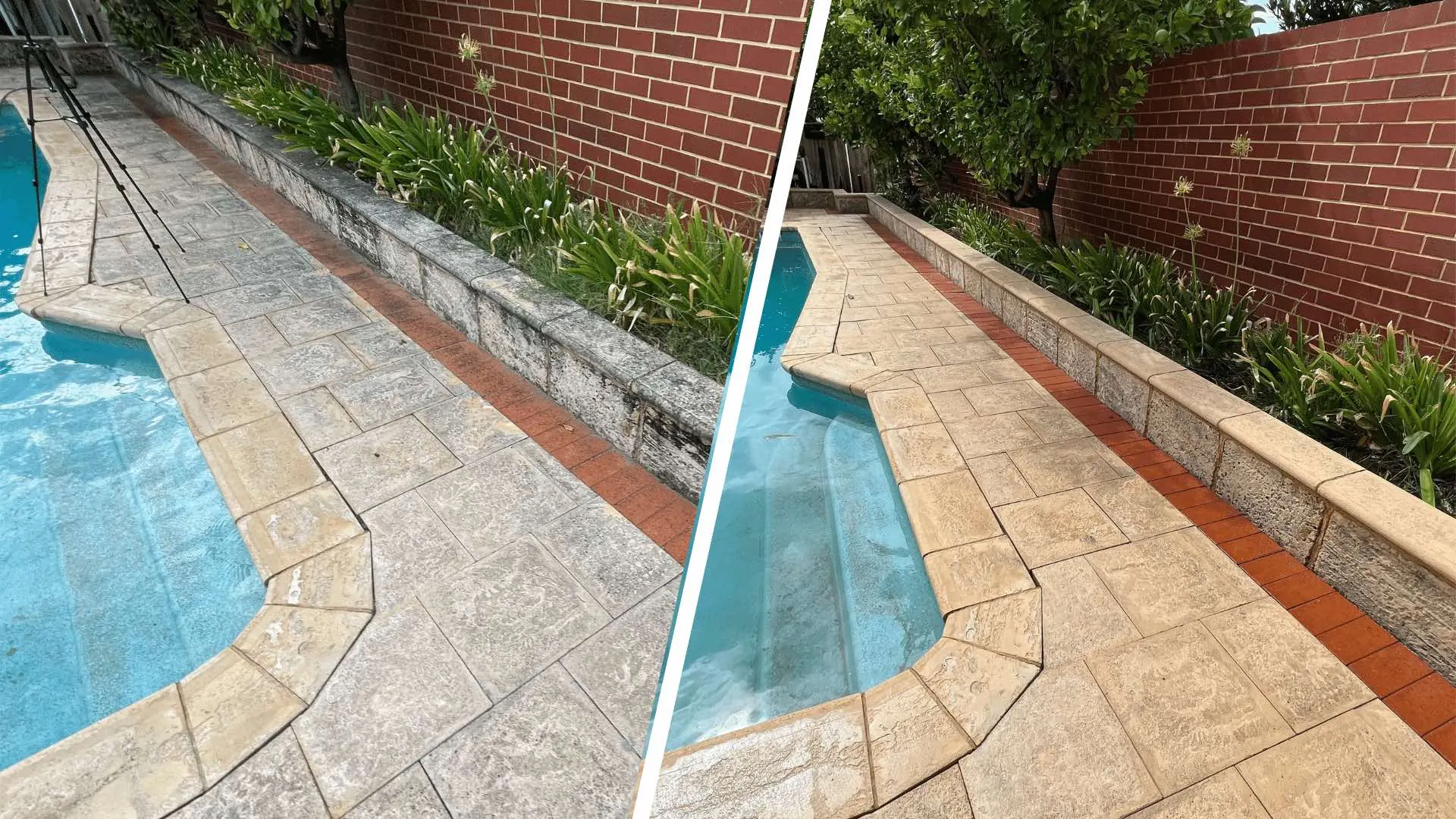 Limestone pavers and limestone wall before and after cleaning in Perth