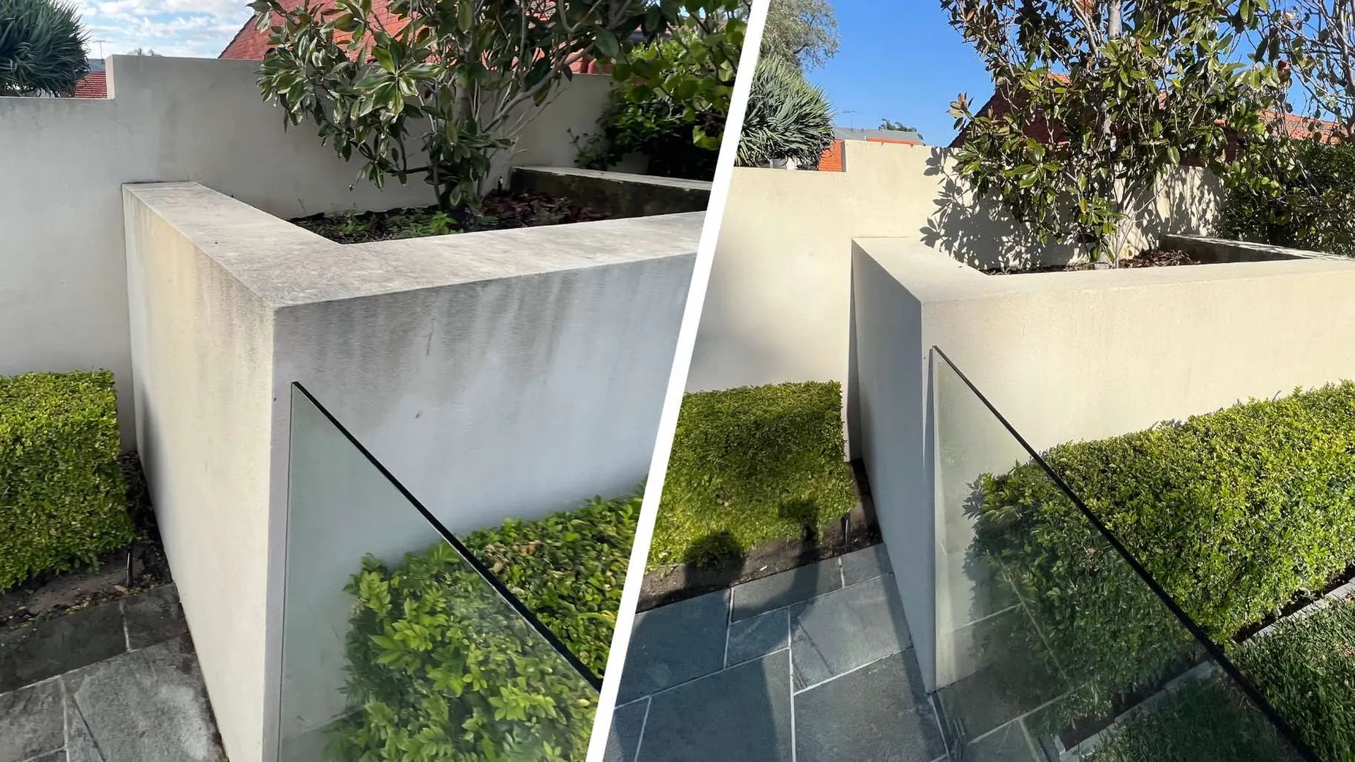 Rendered wall before and after soft washing in Cottesloe, Perth