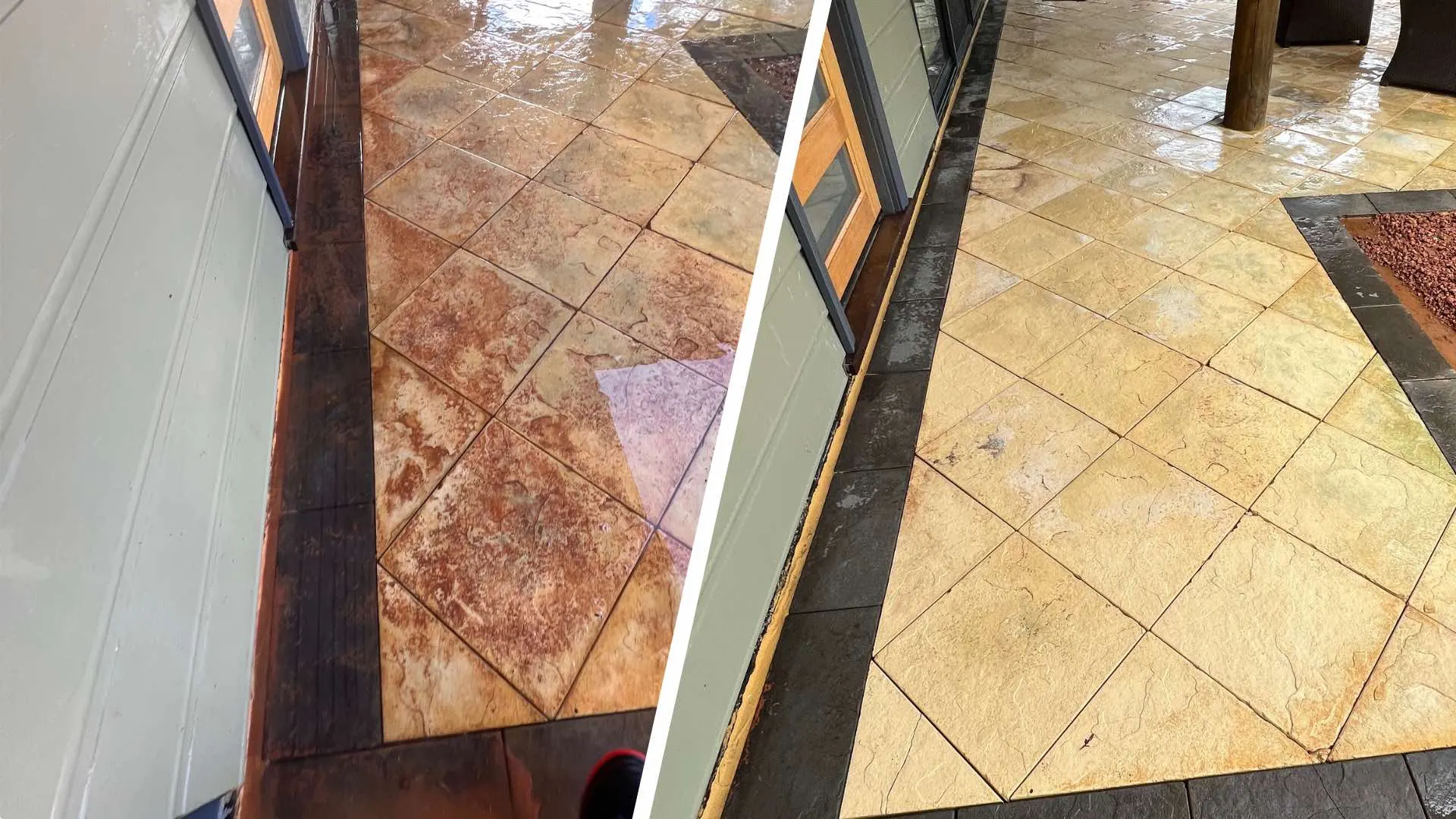 Stencilled concrete patio before and after acid cleaning to remove red dirt staining, Perth