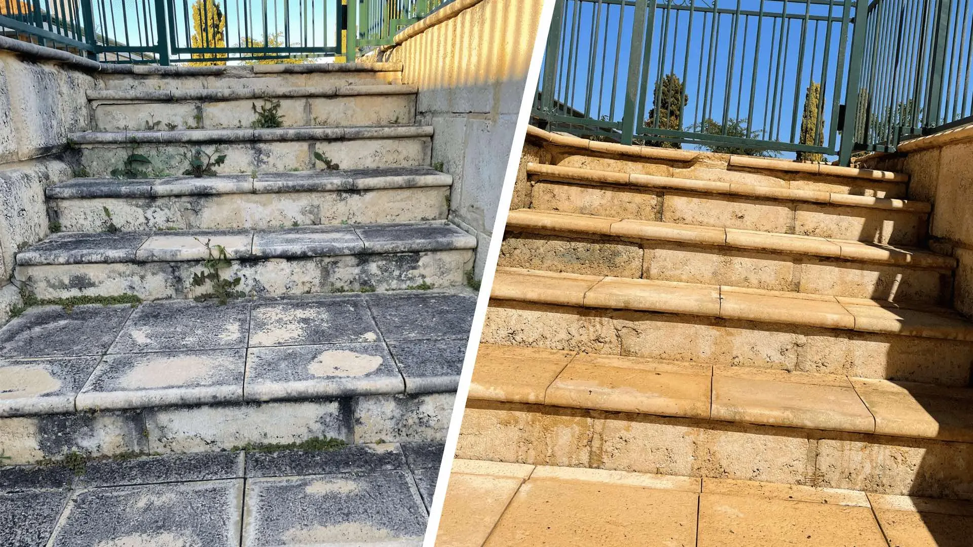 Limestone pavers before and after pressure cleaning in Perth