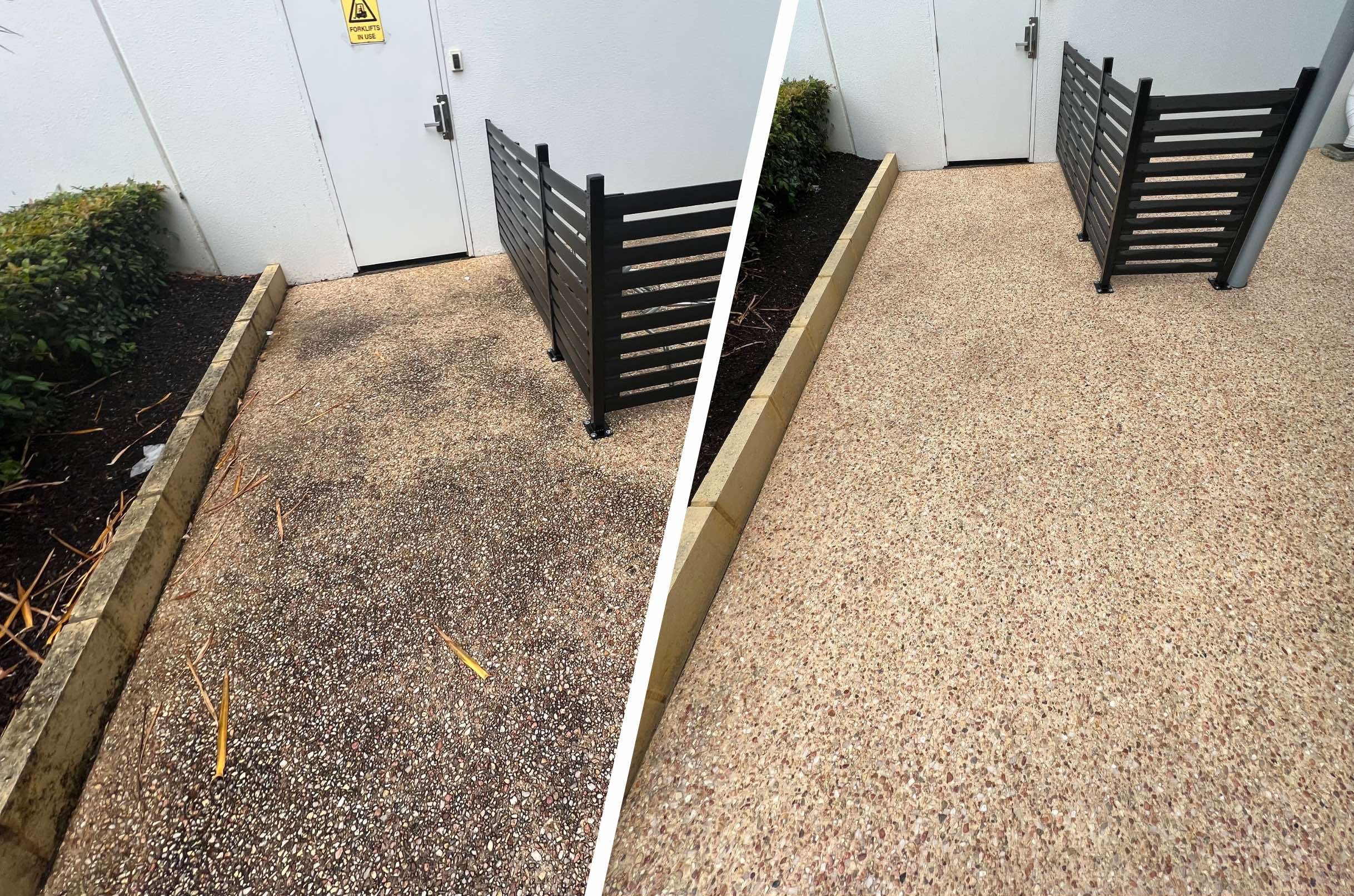 Exposed aggregate concrete before and after pressure cleaning in Belmont, Perth