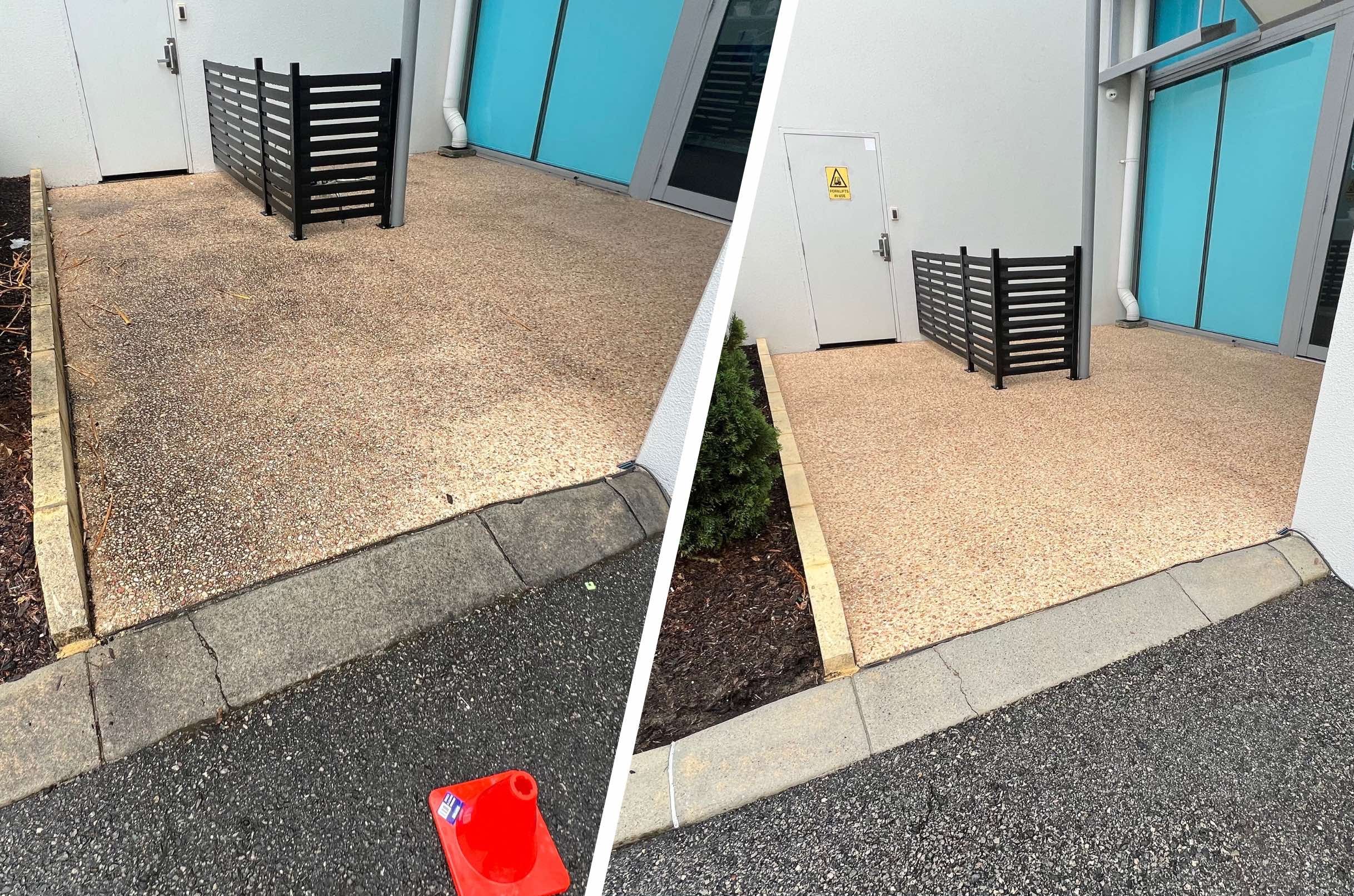 Exposed aggregate concrete before and after pressure cleaning in Belmont, Perth