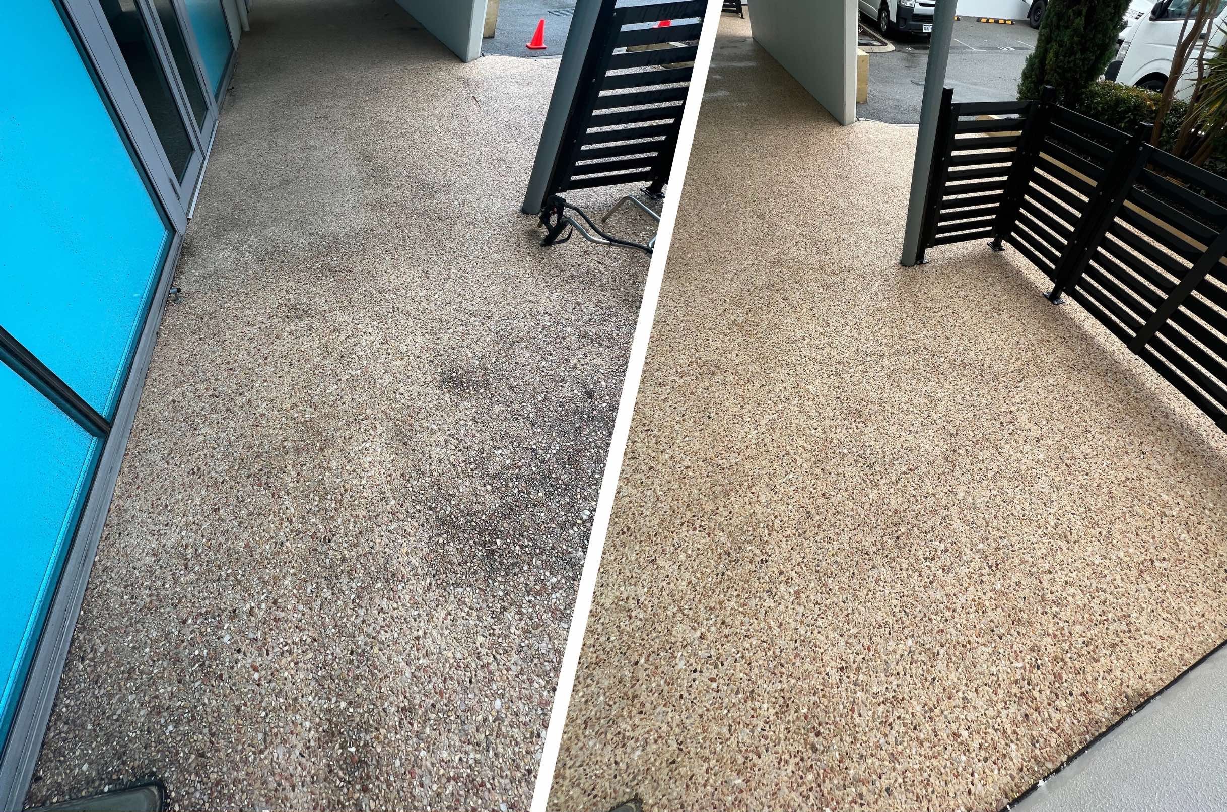 Exposed aggregate concrete before and after pressure cleaning in Belmont, Perth