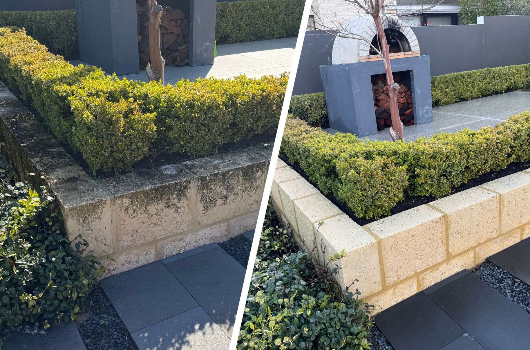 Limestone before and after soft washing in Bicton, Perth