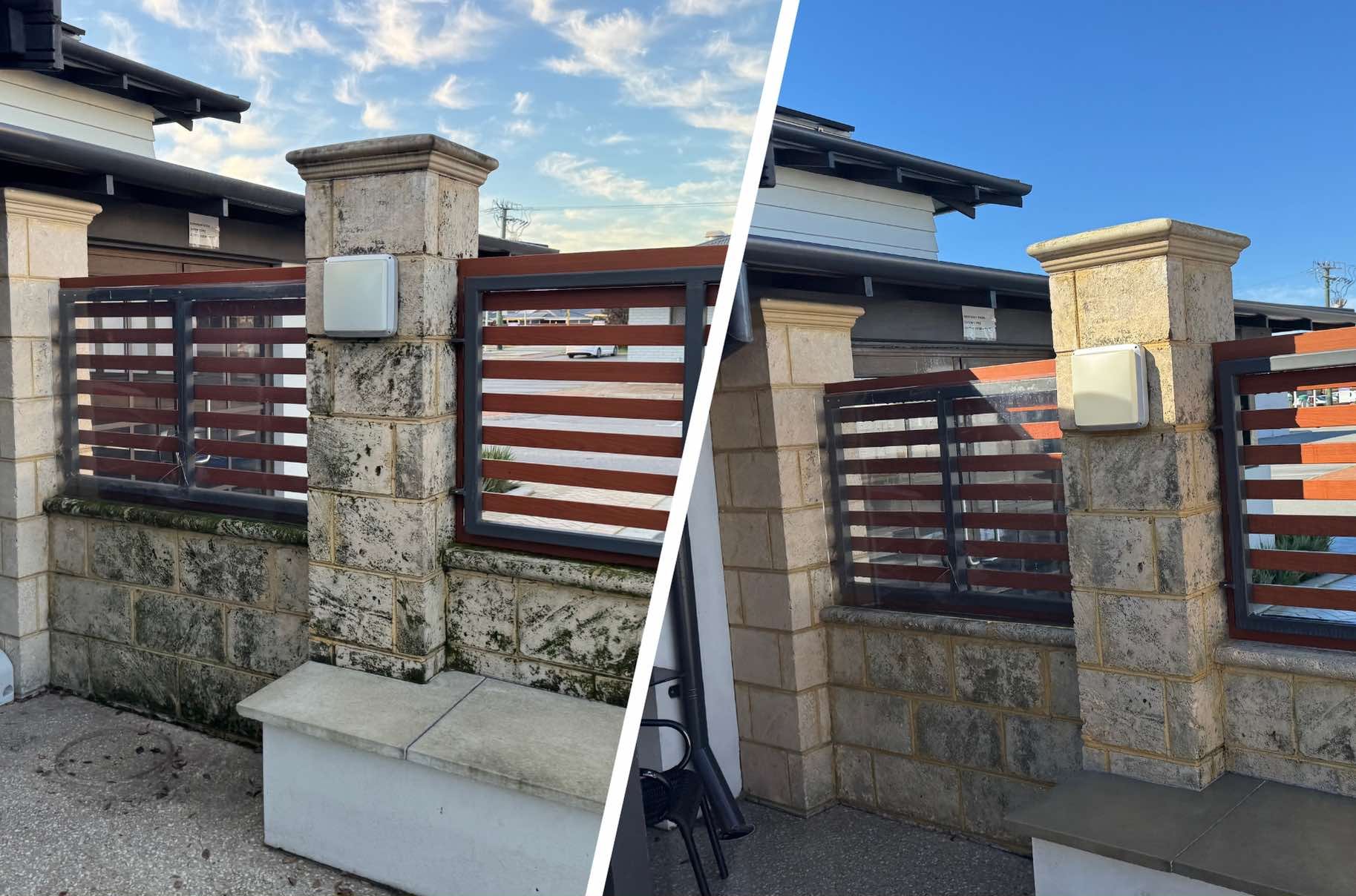 Limestone before and after soft washing, Perth