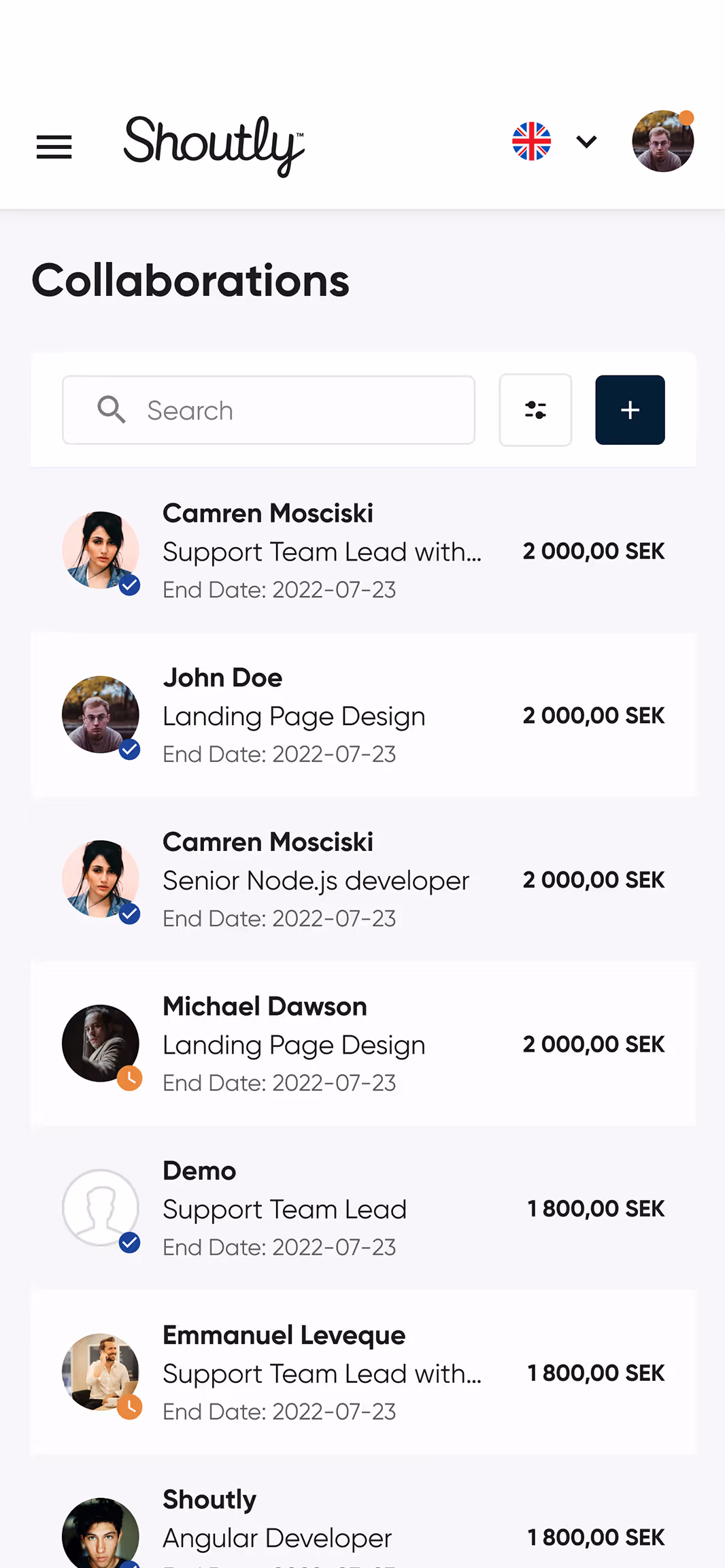 Mockup som visar Shoutlys gig plattform i en mobil