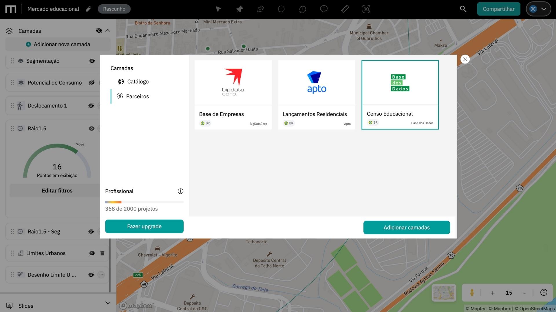 a imagem mostra um exemplo de tela Mapfry com dados de empresas ativas para geomarketing e expansão territorial, excluindo inativas, essencial para potencial de consumo.