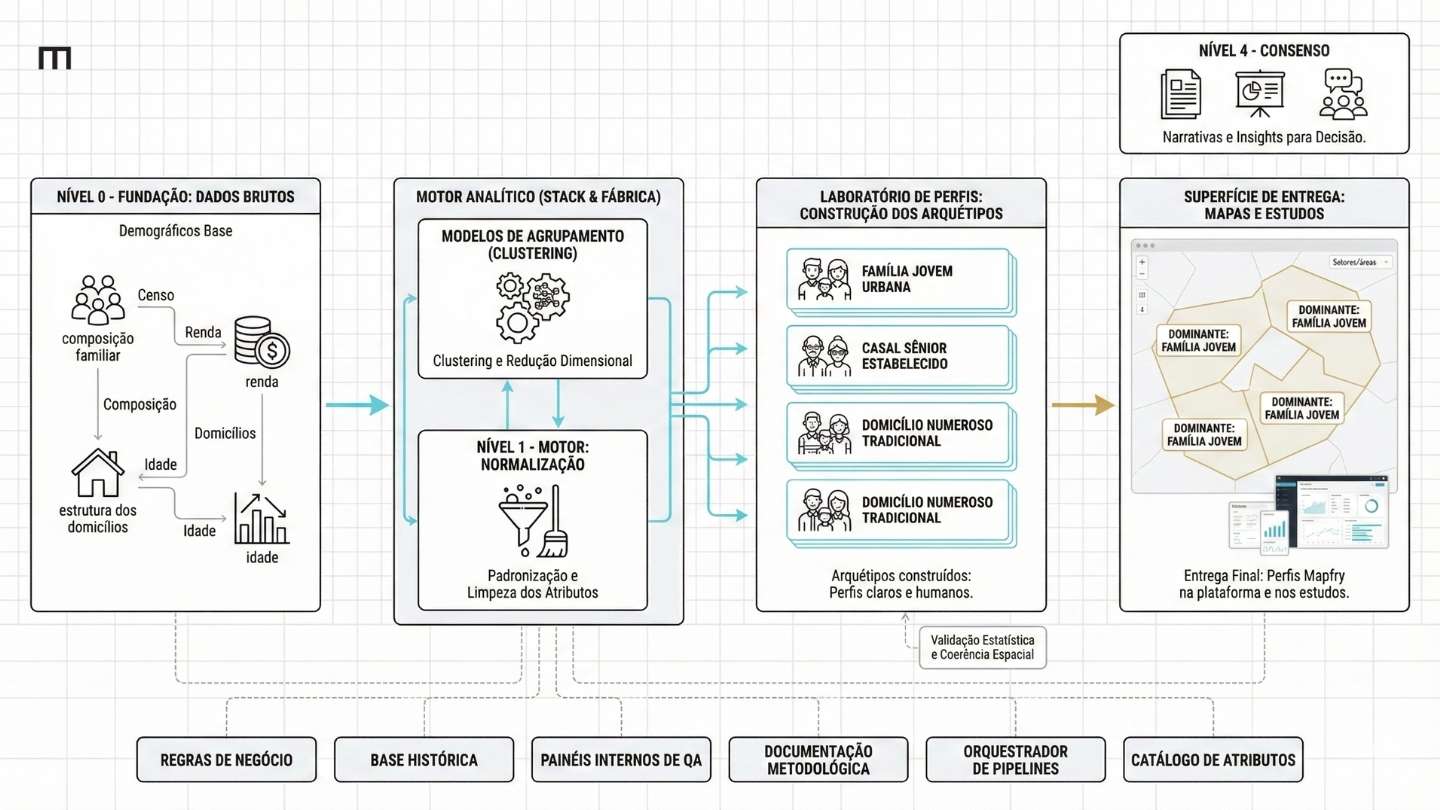 Linha de transformação: dados → limpeza → agrupamentos → perfis → visualizações. Mas também é claramente uma construção em camadas.