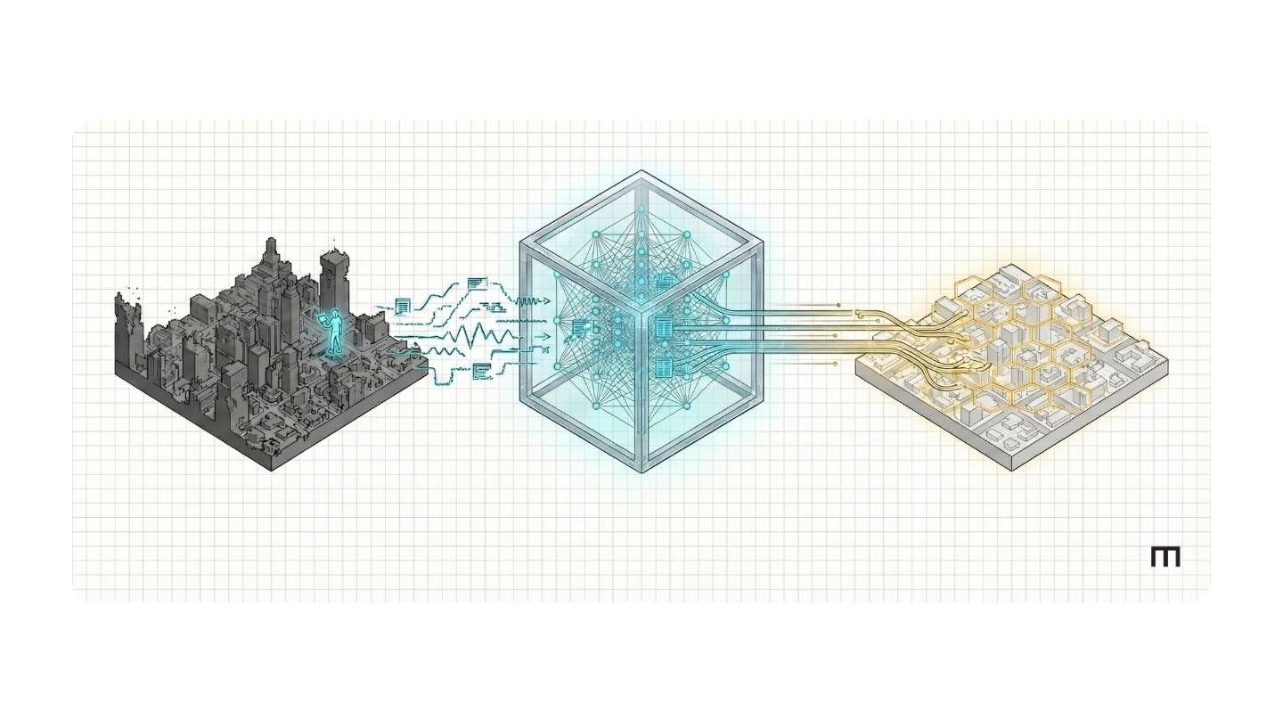Visualize um blueprint limpo com um grande hexágono H3 no centro. Esse hexágono está ‘explodido’ verticalmente em quatro pranchas empilhadas. Na base, apenas o contorno hexagonal. Acima, uma camada com vetores: ícones outline de população, renda, POIs e mobilidade distribuídos nele. A próxima camada mostra linhas finas conectando o hexágono a vizinhos invisíveis — o grafo de vizinhança. No topo, uma camada dourada fina com rótulos como ‘Potencial’, ‘Segmentação’, ‘Hotspots’. Linhas finíssimas conectam todas as pranchas, como uma coluna estrutural. O fundo é branco, grid suave, traços em preto/cinza, acentos cyan nos vetores e dourado nas métricas finais. A estética comunica que este hexágono multilayer é o núcleo interpretativo e estrutural de toda a plataforma Mapfry