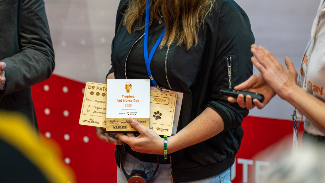 Gros plan sur le Trophée en bois ainsi que le chèque remis à Valérie Saradin, lauréate du Prix des ASV 2025