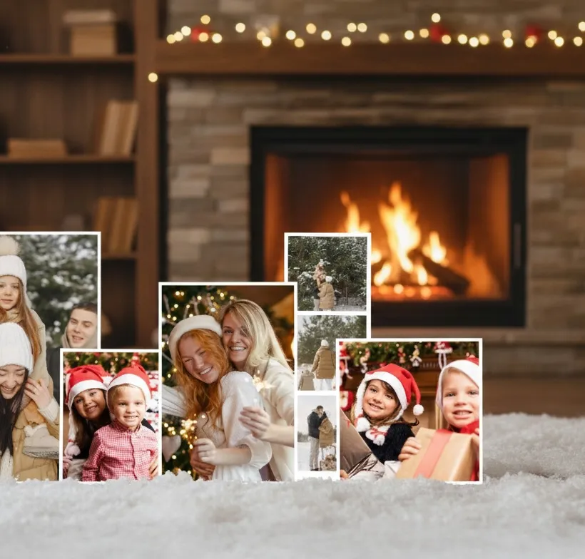 klikkie photo prints in XL, Square, and Strip formats fanned out next to a black envelope on a doormat