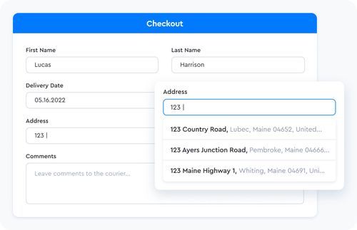 A checkout experience with Mapbox Address Autofill: it proposes several addresses while a user starts typing the very first characters.