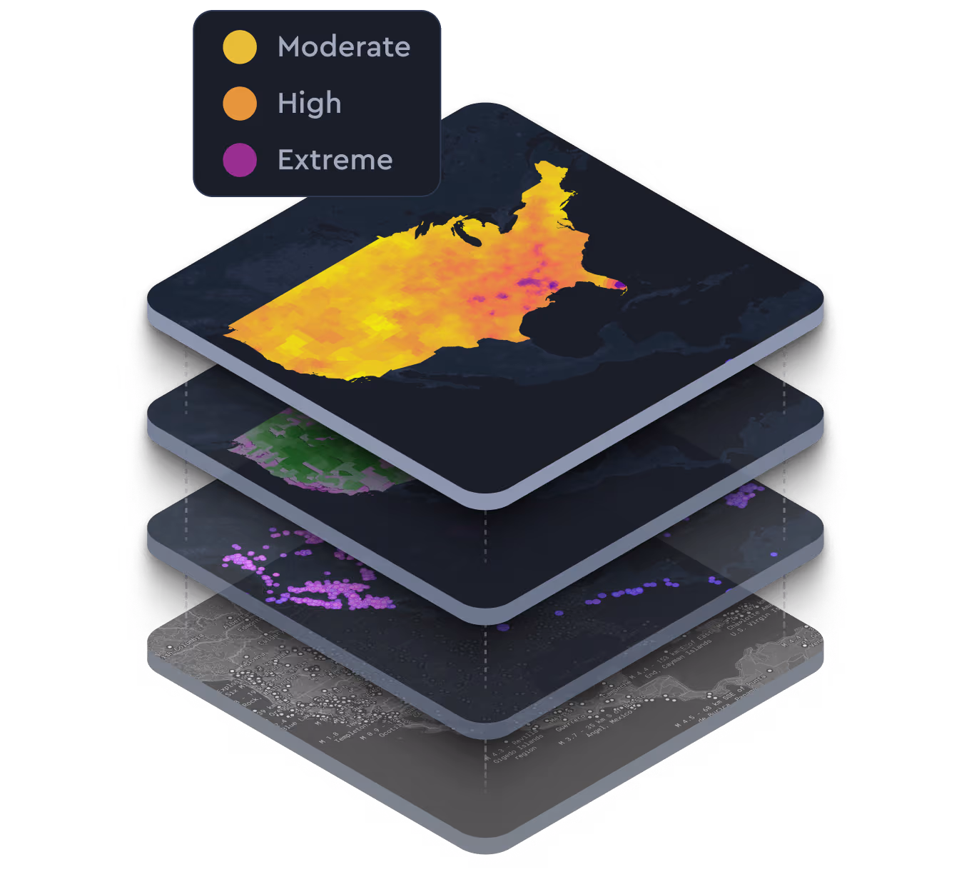 Four stacked map tiles of the U.S.: heatmap, shaded regions, point clusters, and a dark base map, shown as aligned layers.