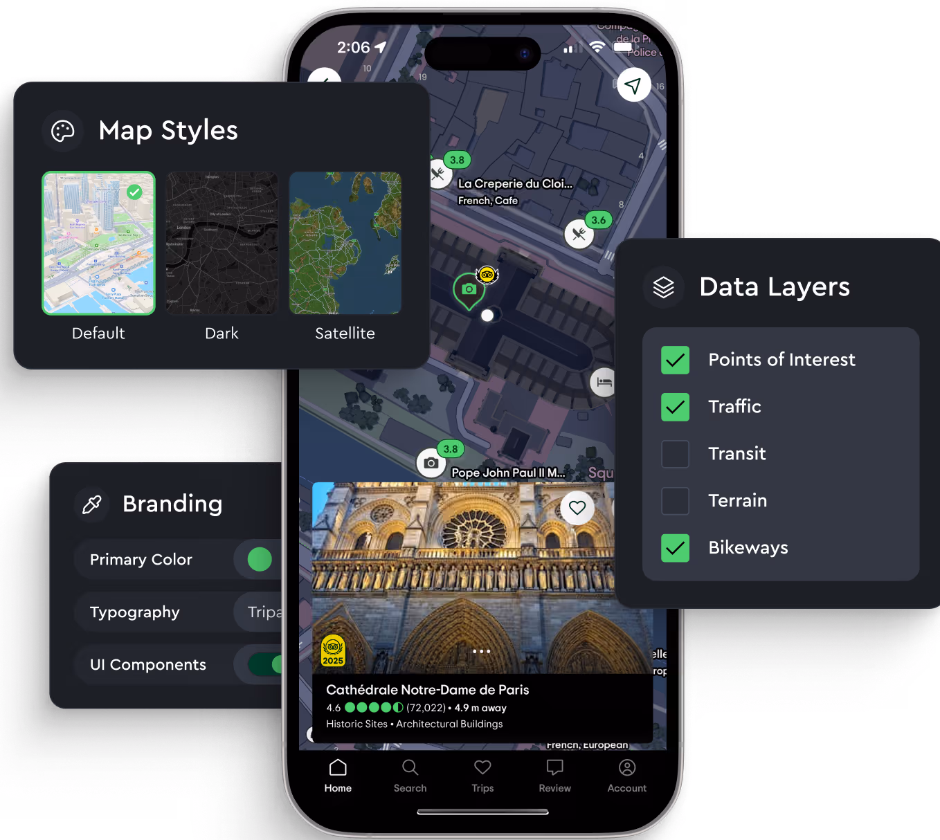 Phone showing a Paris map with a Notre-Dame place card, surrounded by panels for map styles, data layers, and branding controls.