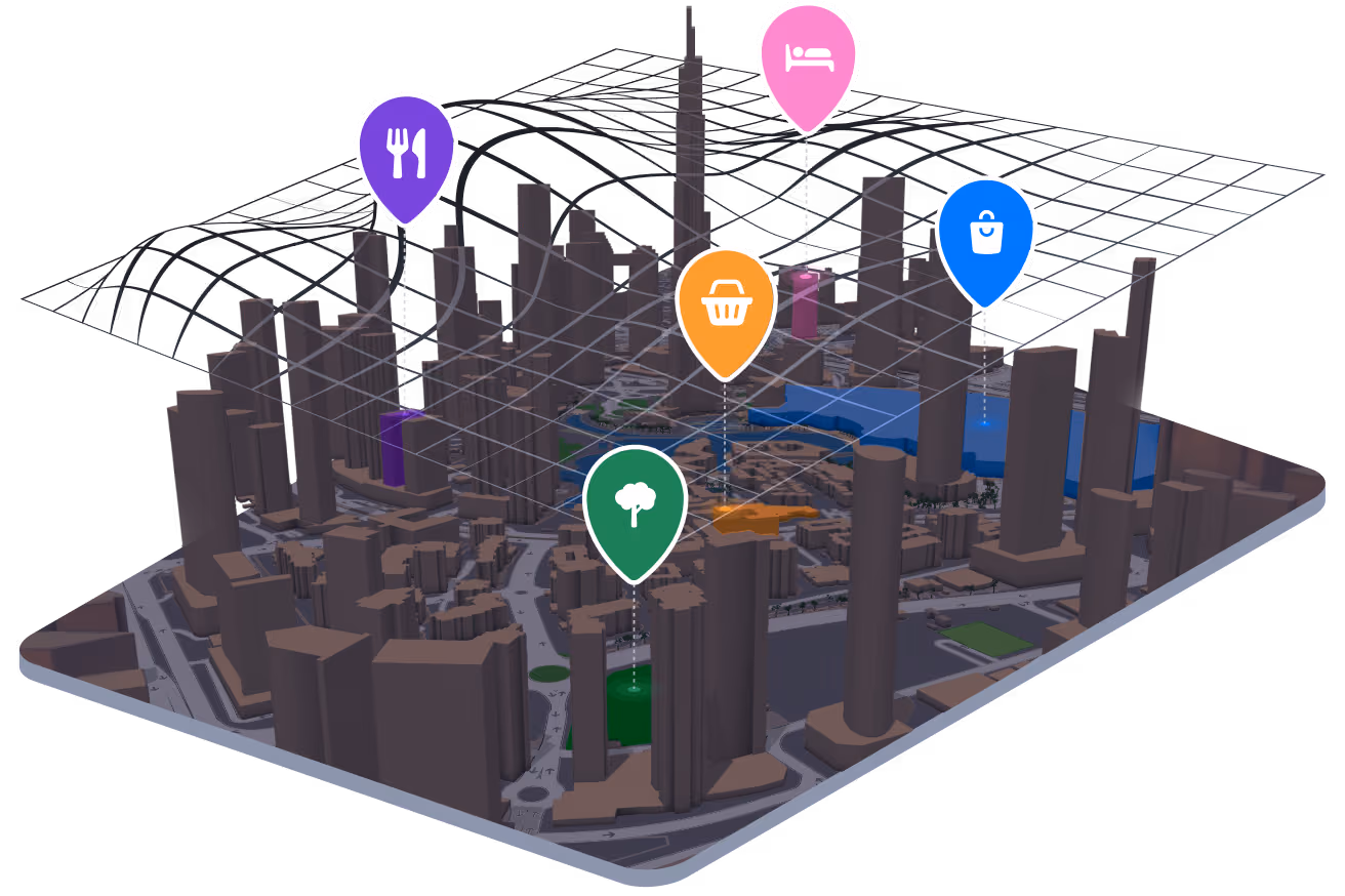 3D city model with a floating data grid and colored pins for dining, hotels, shopping, retail, and parks linked to highlighted places.