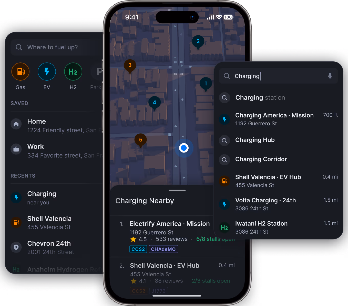Dark mobile search UI for nearby EV charging: category filters, autocomplete suggestions, and a map with numbered pins and a results list.