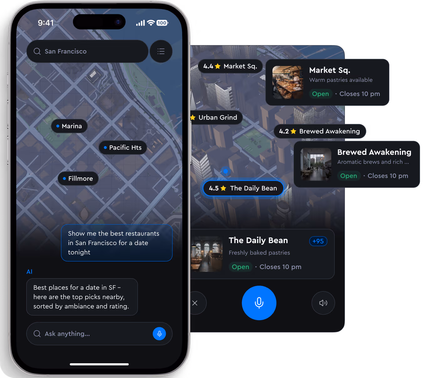 Two phone screens: a chat asking for date-night restaurants on a San Francisco map, and a 3D night map with rated place cards and voice controls.
