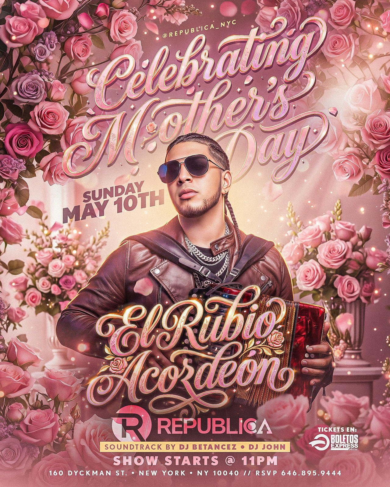 Sunday May 10 Mother’s Day celebration at Republica NYC featuring El Rubio Acordeon live performance with DJs Betancez and DJ John, show starts at 11PM at 160 Dyckman St New York NY